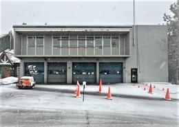 Snow-covered elections building in Tahoe