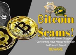 Graphic reading Bitcoin scam with drawing of suspicious looking person in ski mask and gold coins