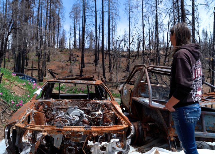 man standing at a burned down property