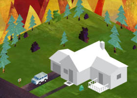 Graphic artwork of home surrounded by fire - Firewise USA Program workshop
