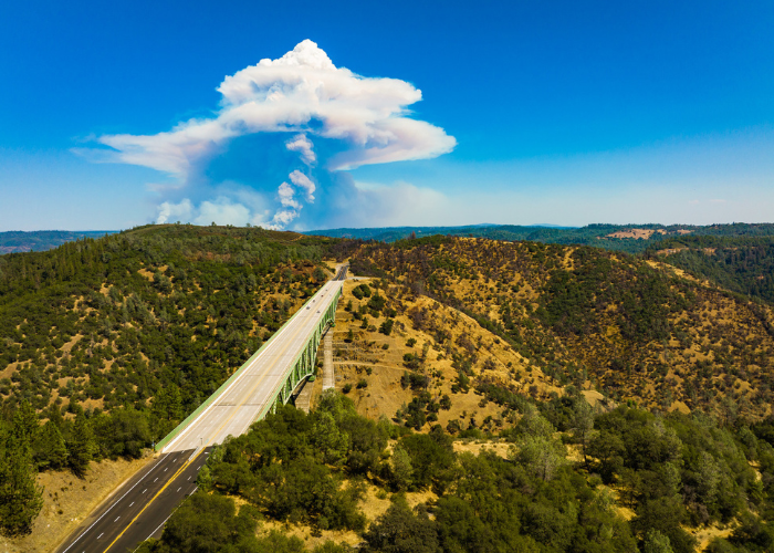 An aerial image of the Mosquito Fire near the Foresthill Bridge.