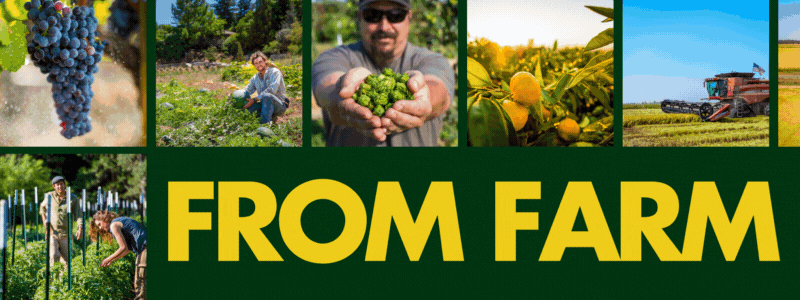 A rotating rectangular banner with square images of local farms, farmers’ markets and dinner plates.
