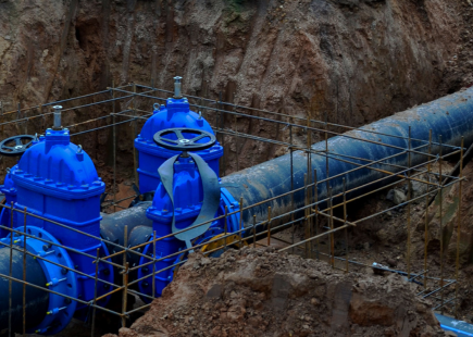 An exposed sewer pipe sitting in a trench