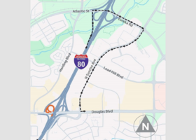 Douglas Boulevard onramp detour map showing a detour to North Sunrise to Eureka Road