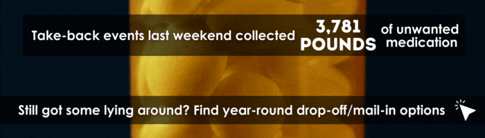 Video of a bottle of white pills. Overlay text reads Take-back event last weekend collected 3,781 pounds of unwanted medication