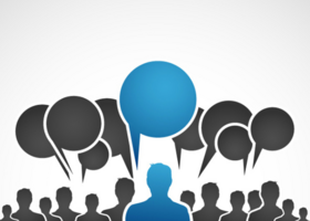 A graphic with silhouettes of people with thought bubbles above their heads