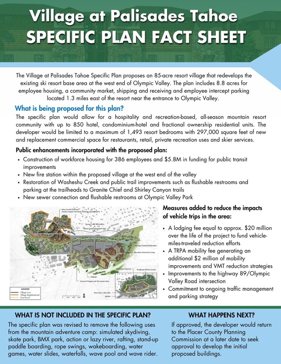 Village of Palisades Tahoe Specific Plan Fact Sheet for the upcoming board meeting.
