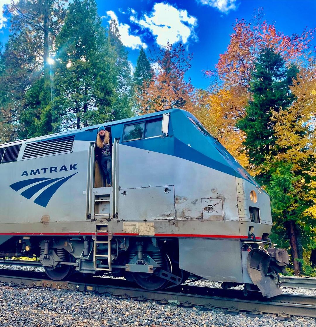 man stands in doorway of a stopped train 