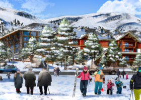Illustration of skiers moving about a mountain resort