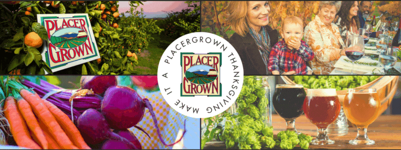 GIF of an orchard, vegetables, ales and family dinner with Placer Grown logo.