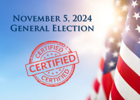 Graphic reading Nov. 5 general election certified over American flag backdrop