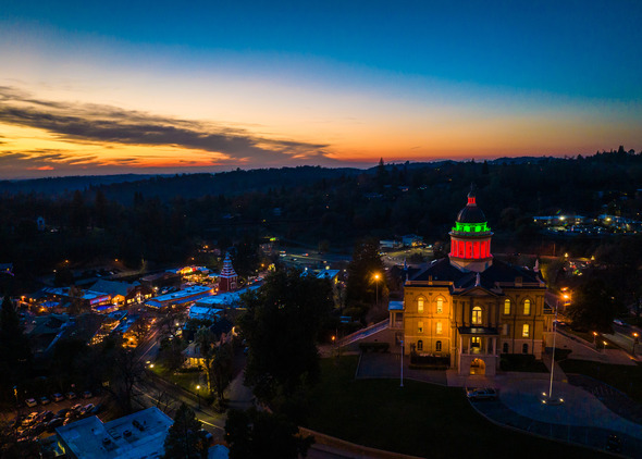 Aerial photo of old town Auburn at night