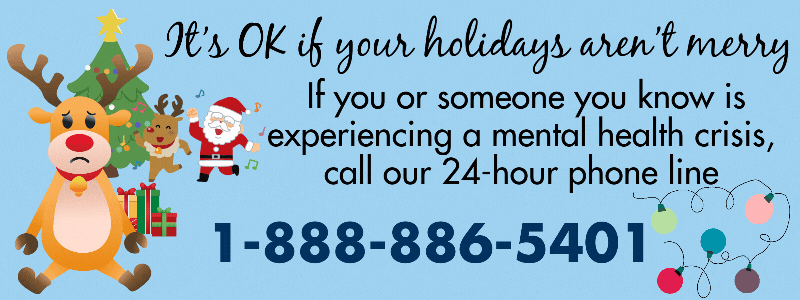 Sad reindeer with message about seeking mental health support over the holidays.
