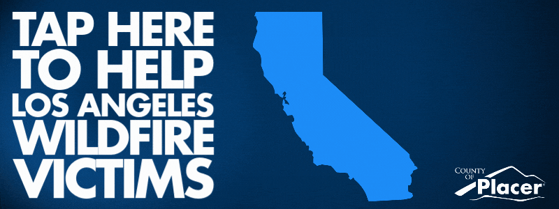 Graphic with outline of California with text: Tap here to help Los Angeles wildfire victims