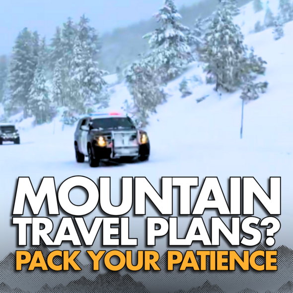 california highway patrol cruiser driving in the mountain snow