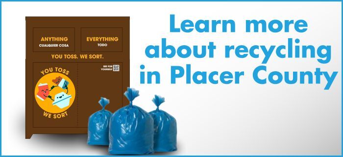 An image of a Tahoe trash can with blue recycling bags and text: Learn more about recycling in Placer County