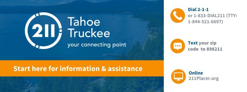 A banner with call, text and online options for 2-1-1 Connecting Point, information in Placer.