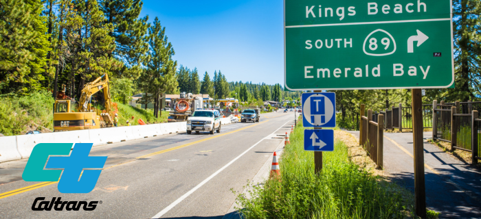 Caltrans logo on a photo of highway construction.