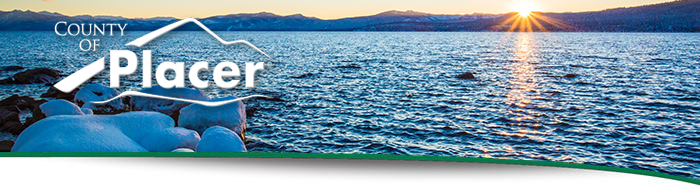 An image of snow covered rocks and Lake Tahoe with a sunset in the distance and a Placer County logo.