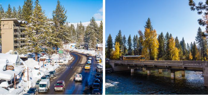 A pair of images of downtown Tahoe City stitched together with a white line.