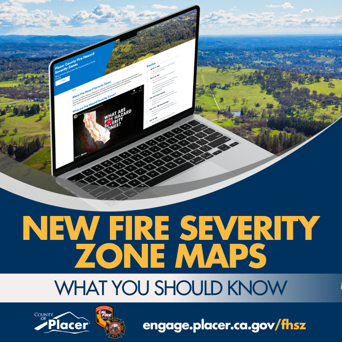 Computer laptop over an aerial photo of green rolling foothills of Placer County - overlay text: New Fire Severity Zone Maps - what you should know