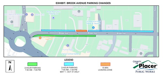 A map showing changes to parking along Brook Avenue in Kings Beach.