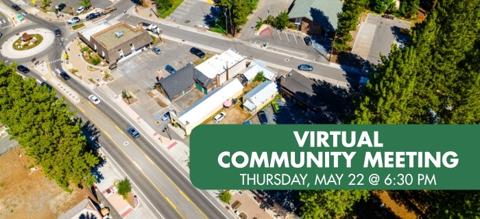 An aerial image of Kings Beach with text: Virtual Community Meeting May 22 at 6:30 p.m.