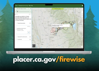 An image of a laptop showing Placer County and text: placer.ca.gov/firewise