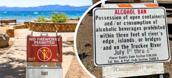 A combined image of a no fireworks sign at a Tahoe beach and the alcohol ban on the Truckee River sign.