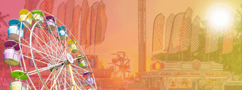Close-up of a Ferris wheel. Background image of Ferris wheel and food signage banners. Text: Placer County Fair is Back! June 26 - 29.