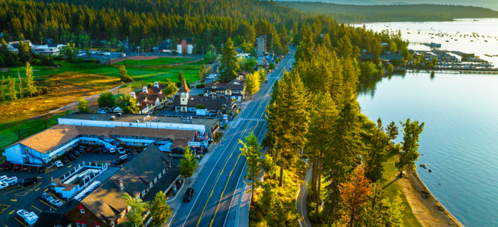 An aerial image of Tahoe City with green and gold colors near Lake Tahoe.
