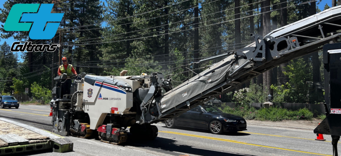 An image of a asphalt grinder on state Route 28 in North Lake Tahoe with the Caltrans logo.