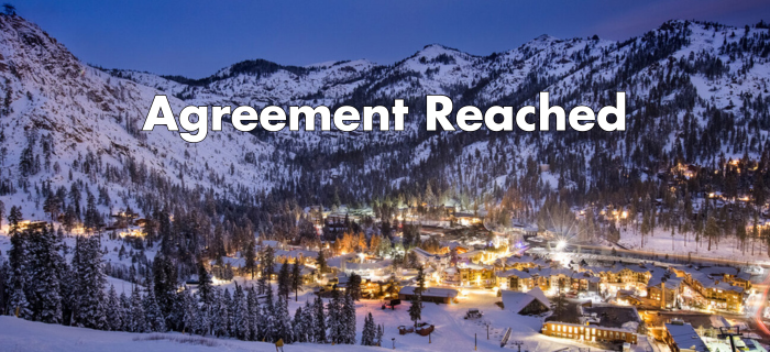 An image of the Village at Palisades Tahoe at night surrounded by white mountains with text: Agreement reached. 