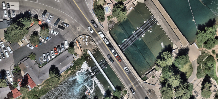 An aerial view of the Fanny Bridge water diversion currently in Tahoe City.