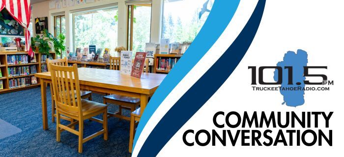 KTKE community conversation - an image of the Kings Beach library with the 101.5 logo.