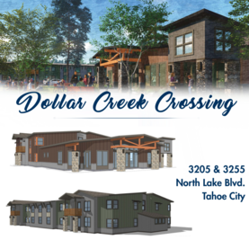 A rendering of the proposed Dollar Creek Crossing project in Tahoe City with blue text.