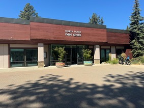 An image of the exterior of the North Tahoe Event Center in Kings Beach with blue skies above.