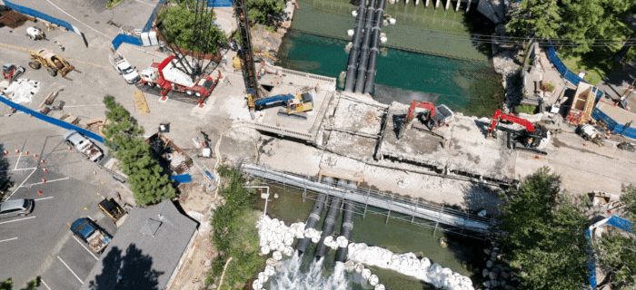 A four second video gif of construction on Fanny Bridge with excavators demolishing the existing bridge structure.