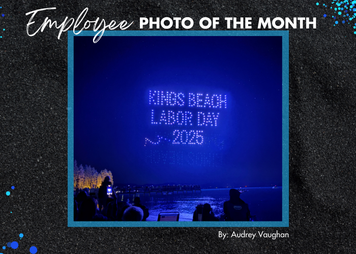 A dark sky lit up blue from drones over Lake Tahoe spelling out: Kings Beach Labor Day 2025.