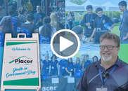 A video play button and collage of students attending the Youth in Government Day event with a sign cutout and an image of a man with glasses