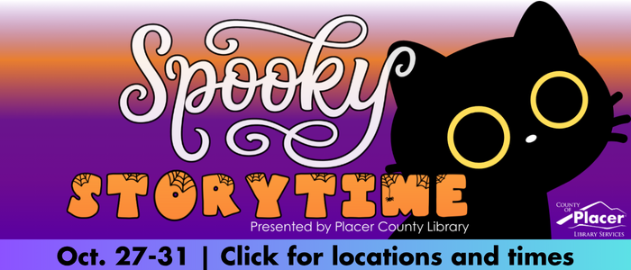 A cartoon black cat with glowing eyes and the words Spooky Storytime, Oct. 27-31, Click for locations and times