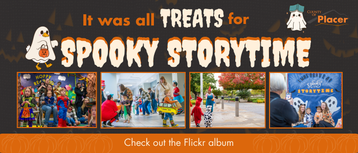“It was all Treats for Spooky Storytime. Check out the Flickr album” Four photos of children dressed up in costumes at the Auburn Library location.