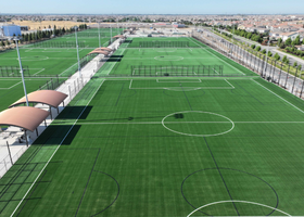 Aerial view of the new soccer fields in Roseville named Placer Valley Soccer Complex.