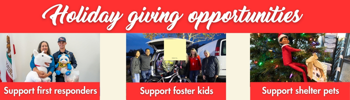 Photos of people holding gifts (stuffed animals, a bicycle and more) with text about different holiday giving opportunities