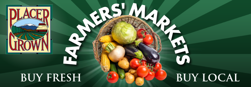 Basket of vegetables, Overlay text: Placer Grown farmers’ markets, buy fresh, buy local
