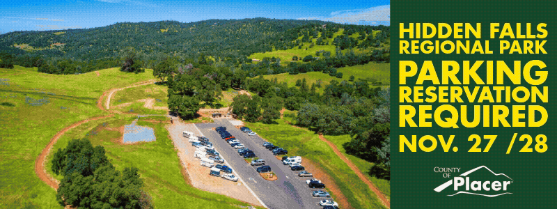 Rotation of images at Hidden Falls Park. Overlay text: Hidden Falls Park Reservations Required Nov. 27-28. Tap to learn more.