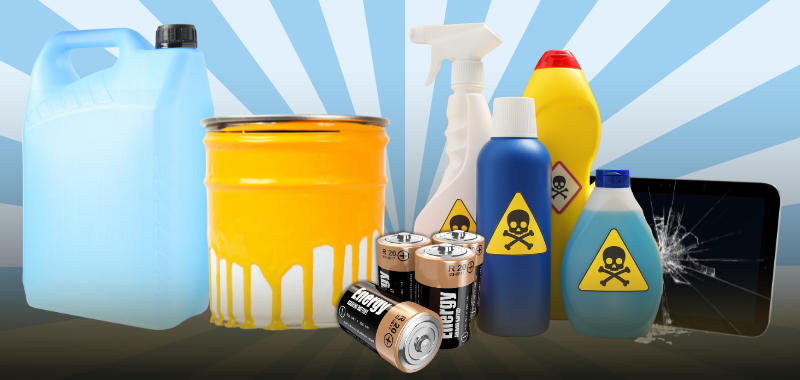An image of household hazardous waste containers with skulls and bones with a blue background and batteries 