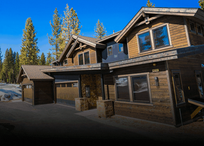 Three images of Tahoe homes with text about the county's Short-Term Rental Complaint Hotline number: 530-448-8003