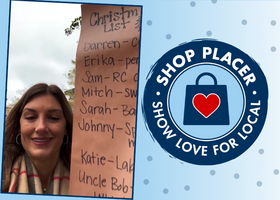 A photo of a woman holding a long Christmas list with names in sharpie and a blue background with the Shop Placer logo.