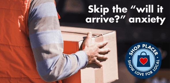 A photo of a package delivery with text: “Skip the ‘will it arrive?’ anxiety and a customer at the checkout with text: Shop local instead.